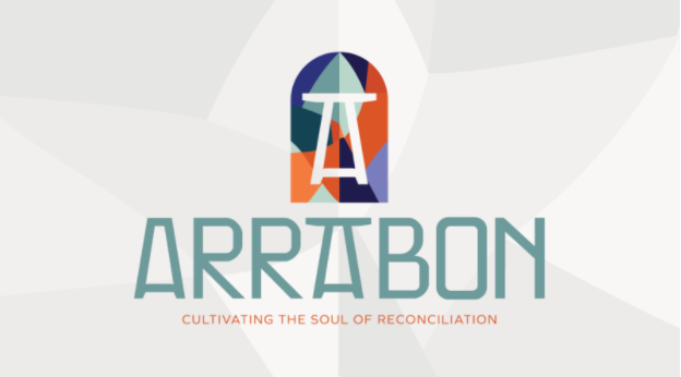 Arrabon brand, with artistic mosaic stained glass window centered above Arrabon in green lettering. The tagline “Cultivating the Soul of Reconciliation” is in small orange letters beneath.