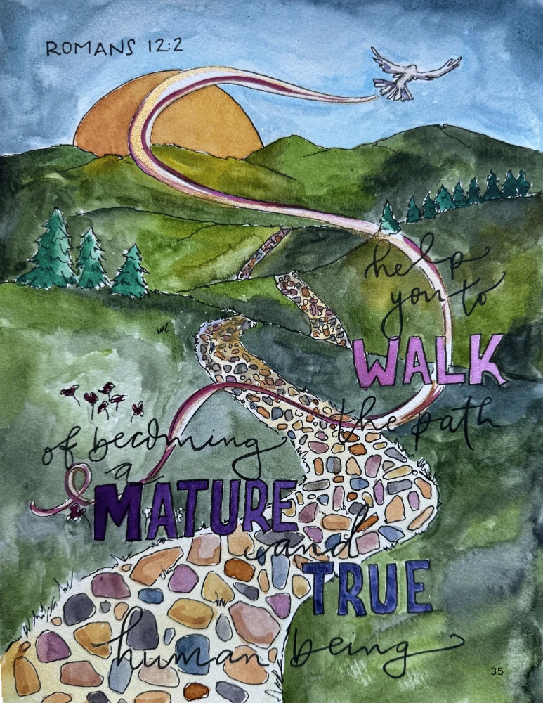 watercolor painting of a sunrise, green hills, and a trail running through it
